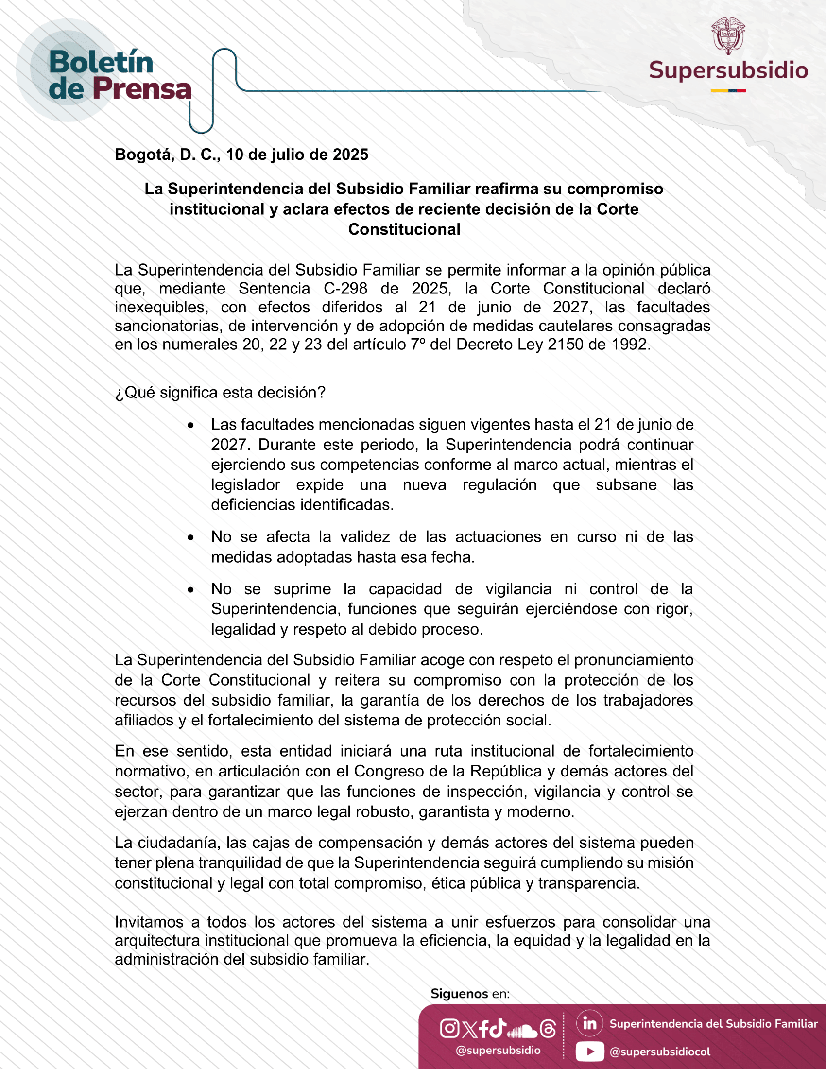 Supersubsidio explica efectos de la Sentencia C-298 y continuidad de funciones hasta 2027